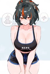 1girl absurdres black hair black shorts black tank top bluefield breasts cleavage closed mouth clothes writing commenta…