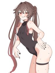1girl absurdres bare shoulders black leotard black nails blush breasts brown hair covered navel covered nipples cowboy …