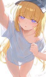 1girl absurdres bare shoulders blonde hair blunt bangs breasts commentary request grey hat hat highres hinashio (dmej54…
