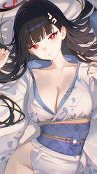 1girl absurdres black hair blue archive blue sash breasts bright pupils chromatic aberration cleavage commentary finger…