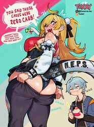 1boy 1girl ahoge ass ass focus bare shoulders blonde hair blush breasts chalky (zenless zone zero) cissia (zenless zone…