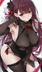 1girl adjusting hair bare shoulders black dress black flower black gloves black thighhighs blush bow breasts chromatic …