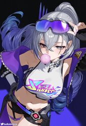 1girl bare shoulders black jacket black shorts blowing bubble gum blue-tinted eyewear blue hair breasts chewing gum com…