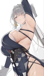 1girl arm up armpits black dress black sleeves blue dress breasts commentary detached sleeves dress eyes visible throug…
