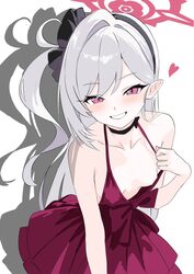 1girl bare arms black hairband blue archive blush breasts commentary dress grin hairband halo heart highres kamitosayu …