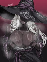 1girl absurdres artist name bare shoulders black dress black nails black skin breasts cleavage colored skin commentary …