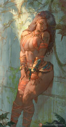 1girl against wall breasts brown hair choker closed mouth commentary cutesexyrobutts dark-skinned female dark skin engl…