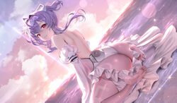 1girl armpit crease ass bare shoulders beach breasts cloud cloudy sky commentary detached sleeves feet from behind godd…