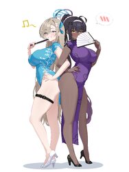 2girls absurdres alternate costume alternate hairstyle asuna (blue archive) black hair blonde hair blue archive blue dr…