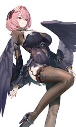 1girl absurdres black bow black dress black shrug black thighhighs black wings bow breasts dress esnowg hair bow hair i…