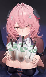 1girl absurdres berserker r black dress black shrug breasts bubble tea bubble tea challenge cleavage commentary request…