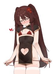 1girl alternate costume bikini bikini bottom pull black nails black shrug blush breasts clothes pull clothing cutout co…