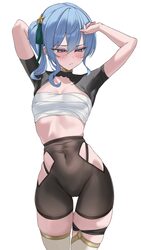 1girl arms up black shorts black shrug blue eyes blue hair blush borrowed clothes breasts chest sarashi closed mouth cl…