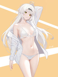 1girl ahoge arm up bra breasts cleavage cowboy shot hair ornament highres long hair looking at viewer medium breasts na…