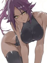 1girl absurdres all fours black leotard black thighhighs bleach breasts closed mouth commentary dark-skinned female dar…