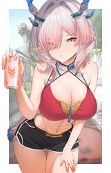 1girl absurdres alternate costume arknights arknights  endfield armpit crease black shorts blue horns blurry blurry bac…