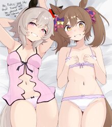 2girls absurdres animal ears armpits arms up babydoll blue bow blush bow bow bra bow panties bra breasts brown eyes bro…