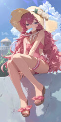 1girl absurdres adversarial noise blue archive breasts commentary feet flower fluffy hair food food in mouth frilled th…