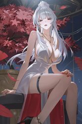 1girl alternate costume bare arms bare shoulders black shoes blush bracelet breasts commentary dress hair intakes high …