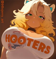 1girl alt text animal ears artist name black choker blonde hair bojerry art breasts brown background choker commentary …