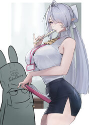 2girls alternate costume ascot bare shoulders black skirt breasts commentary request cowboy shot from behind grey hair …