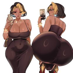 1girl absurdres adramallih ass bag black hair blonde hair bracelet breasts cellphone cleavage commentary covered navel …