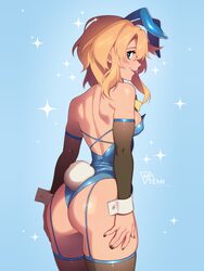 1girl animal ears artist name ass back blonde hair blue eyes breasts bridget (guilty gear) commentary covered nipples d…