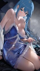 1girl aqua (konosuba) bare shoulders blue eyes blue hair blue nightgown breasts cleavage commentary request highres ind…