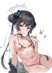 1girl absurdres bikini black coat black hair black nails blue archive breasts butterfly hair ornament coat commentary r…