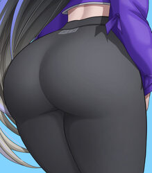 1girl absurdres ass ass focus black hair black pants blue background close-up clothes writing from behind goddess of vi…