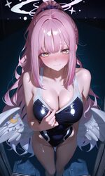 1girl absurdres alternate costume angel wings black one-piece swimsuit blue archive blue scrunchie blush breasts closed…