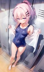 1girl arata (xin) bare shoulders barefoot blue one-piece swimsuit blush breasts collarbone commentary covered navel ful…