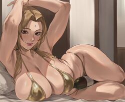 1girl armpits arms up bikini blonde hair bottle between thighs breasts brown eyes commentary curvy facial mark forehead…