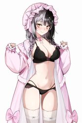 1girl absurdres black bra black hair black nails black panties blush bow bow bra bra braid breasts closed mouth coat co…