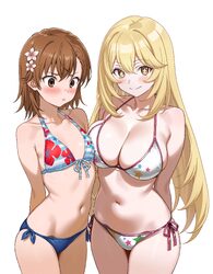 2girls absurdres arms behind back asymmetrical bangs asymmetrical docking bikini blonde hair blush breast conscious bre…