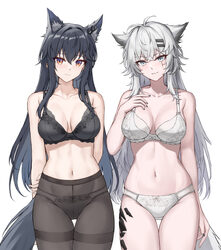 2girls absurdres animal ear fluff animal ears arknights arms behind back black bra black hair black nails black panties…