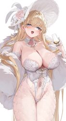 1girl armpit crease blonde hair blue eyes blush breasts cleavage commentary cup curvy detached collar drinking glass ea…