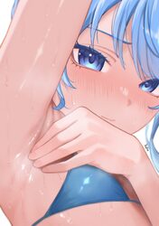 1girl absurdres arm up armpit focus armpits bikini blue bikini blue eyes blue hair blush close-up closed mouth commenta…