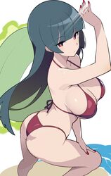 1girl alternate costume ass aura beach bikini black hair blunt bangs breasts cleavage closed mouth commentary expressio…