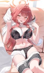1girl absurdres aru (blue archive) black bra black panties blue archive blush bra breasts cleavage clothes pull comment…