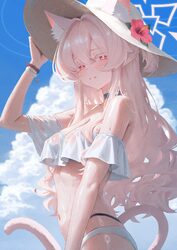 1girl akira (blue archive) animal ear fluff animal ears arm up bare shoulders bikini blue archive blue sky breasts cat …