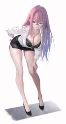 1girl absurdres ankle bent over black bra black skirt bra breasts cleavage collared shirt commentary english commentary…