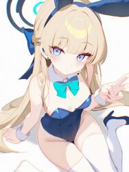 1girl absurdres animal ear hairband animal ears aqua bow aqua bowtie bare shoulders blonde hair blue archive blue eyes …