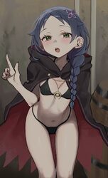 1girl absurdres barrel black bra black panties blue hair blush bra braid breasts cloak commentary request cosplay cowbo…