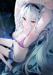 1girl alternate costume armpits arms up bikini black hairband blue archive blush breasts chiyingzai commentary constell…