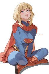 1girl absurdres artist name blonde hair blue eyes boots breasts cape dc comics highres lips long sleeves looking at vie…