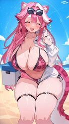 1girl absurdres animal ears animal print beach bikini blue sky breasts center-flap bangs closed eyes commentary cowboy …