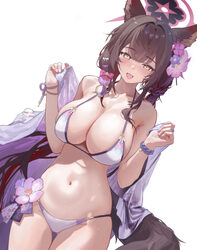 1girl absurdres animal ears bikini blue archive breasts chinese commentary cleavage commentary request flower fox ears …