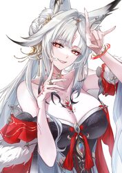 1girl absurdres animal ears arm tattoo bare shoulders breasts chest tattoo cleavage collarbone commentary request finge…