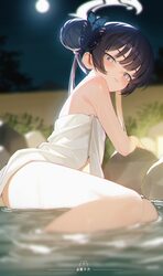 1girl absurdres alternate costume artist logo artist name benpao de ruoji black hair blue archive blurry blurry backgro…